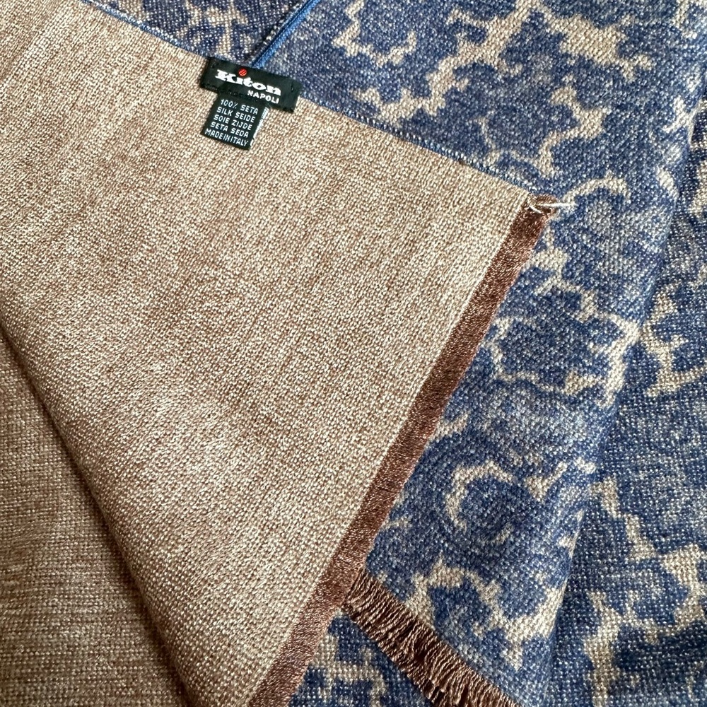 Kiton Napoli Blue & Tan Jacquard 100% Silk Scarf